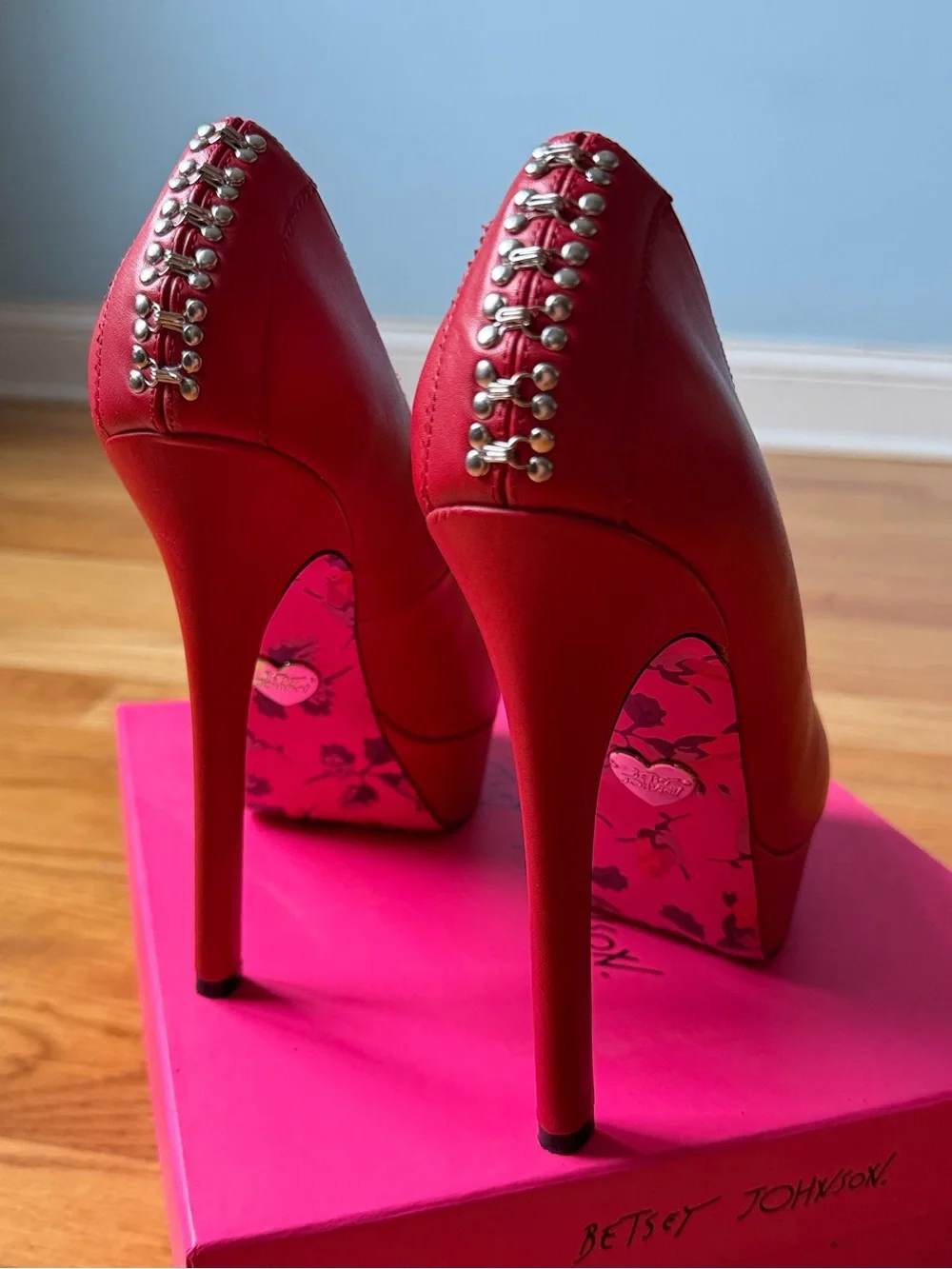 Betsey Johnson Red Stud-Back Stiletto Pumps